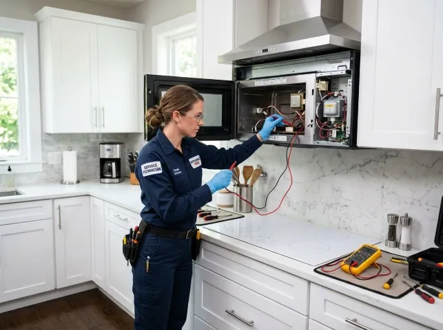 Appliance Repair Hero technician testing an over-the-range microwave in a Barrington, IL kitchen